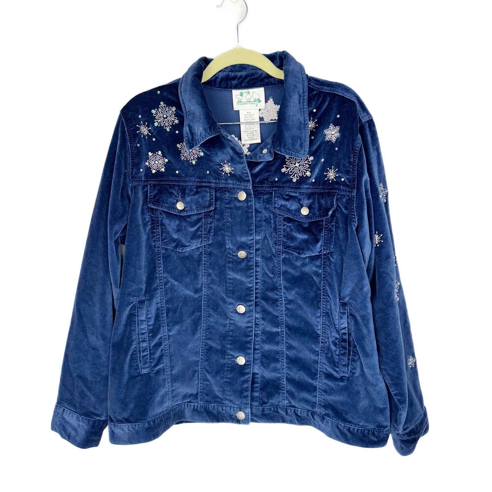 Vintage The Quacker Factory Embroidered Snowflake Snowman Velvet Jacket Medium
